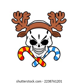 Christmas deer skull. Skeleton head with deer antlers. Christmas and New Year scary illustration.