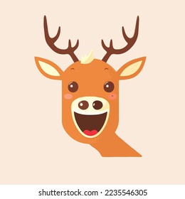 Venado de Navidad Sonriendo fondo aislado. Tarjeta de Año Nuevo. Excelente y divertida postal. Feliz Navidad y Feliz Año Nuevo. Logo del ciervo de Navidad. Sonríe ciervo. Cerveza navideña. Caricatura divertida sobre renos