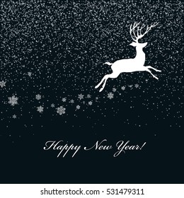 Venado de Navidad y fondo de nevada. Plantilla de postal de Navidad. Ilustración vectorial.