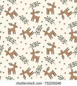 Christmas deer snowflakes branch doodle seamless vector pattern