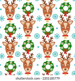 Christmas deer with snowflakes and festive decorations. Seamless pattern. Can be used for web page background fill, surface texture