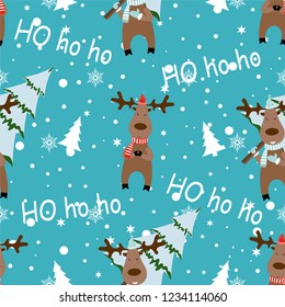 Christmas deer. Snowflakes, hohoho, cute tree.