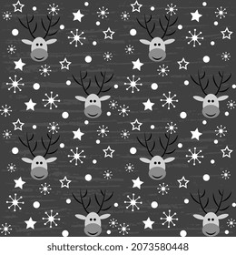 Christmas. Deer, stars, snowflakes, polka dots, snowfall. Seamless vector pattern, Black and white pattern (background).