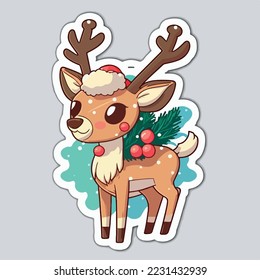 Christmas deer sticker, xmas reindeer stickers isolated decoration. Winter holidays