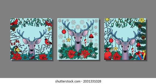 Christmas deer templstes set. Winter new year mock ups for greeting cards, mock ups, textile prints and covers.