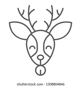 Christmas deer thin line icon, christmas and moose, reindeer sign, vector graphics, a linear pattern on a white background, eps 10.