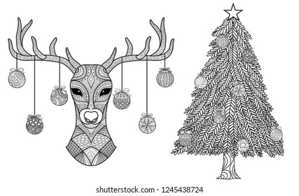 Christmas deer and tree for cards,invitaion and coloring book,coloring page. Vector illustration