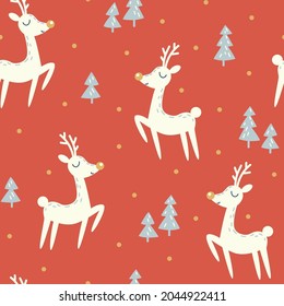 ciervo de Navidad y árbol de Navidad con fondo rojo. Patrón sin foco.