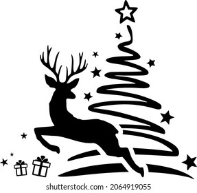 Christmas Deer Tree Silhouette Vector