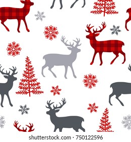 Christmas deer. Tree. Snowflakes. Seamless vector pattern (background).