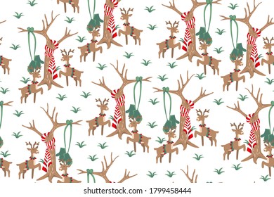 Christmas deer trees seamless vector pattern
