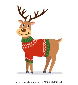 Christmas deer in ugly sweater, vector illustration of Santa Claus reindeer on square white background