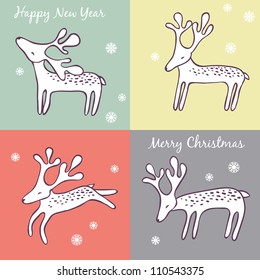 Christmas deer in various cute poses and cute snowflakes