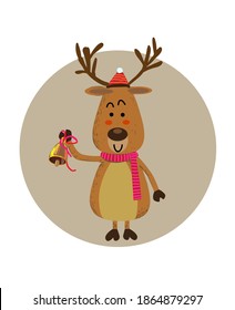 Christmas deer vector illustration. Isolated on  grey circle with white background.