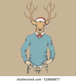 Christmas Deer vector illustration. Reindeer in human sweatshirt