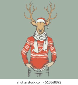 Christmas Deer vector illustration. Reindeer in human sweatshirt