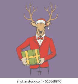 Christmas Deer vector illustration. Reindeer in human suit with gift