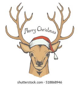 christmas deer vector illustration reindeer head with horn and santa hat inscription merry christmas - Reindeer Christmas christmas deer vector illustration reindeer head with horn and santa hat inscription merry christmas - Reindeer Christmas