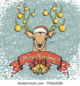 Christmas deer vector illustration. Reindeer head with horn, Santa hat and lettering Merry Christmas