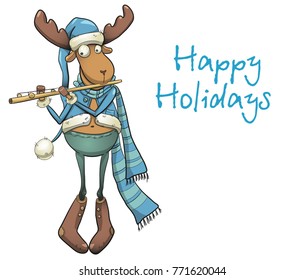 Christmas deer vector playing the flute, greeting card. Merry Christmas!