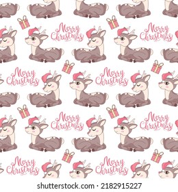 Christmas deer vector seamless pattern illustration. Reindeer vector head with horn and Santa hat