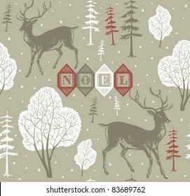 Christmas deer, Vintage vector seamless illustration