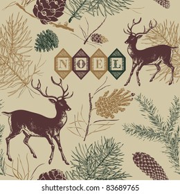 Christmas Deer, Vintage Vector Seamless Illustration