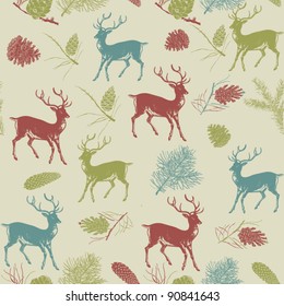Christmas deer, Vintage vector seamless illustration