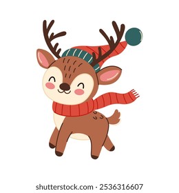 Christmas deer wearing hat and scarf. Cute Christmas reindeer isolated on white background. Hand drawn style