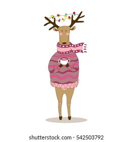Christmas deer wearing pullover and scarf . Happy New Year deer. Reindeer with cup of tea or coffee and with garland