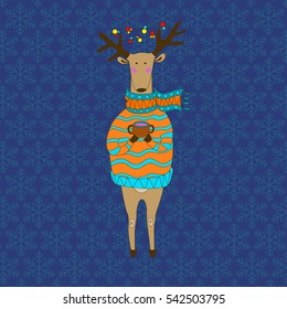 Christmas deer wearing pullover and scarf . Happy New Year deer. Reindeer with cup of tea or coffee and with garland