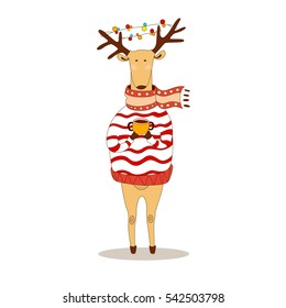 Christmas deer wearing pullover and scarf . Happy New Year deer. Reindeer with cup of tea or coffee and with garland