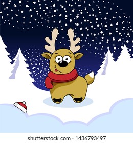 Christmas deer in the winter forest. Cute and funny illustration for a winter card, banner, poster. Vector, isolated.