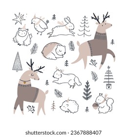 Christmas deer and woodland animals illustration set on white background. Cute line art bear clipart, baby hedgehog clipart. Scandinavian Christmas tree