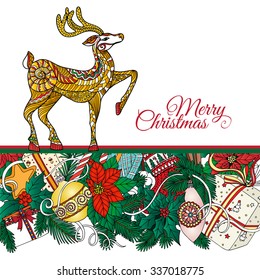 Christmas deer and  wreath. Vector hand drawn decorative colored illustration with pattern and Merry Christmas text. It may be used for design of a t-shirt, postcard, a poster. In zentangle style. 