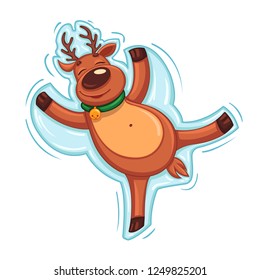 Christmas deer.Funny Christmas deer make snow angel. Christmas vector illustration in a cartoon style. Winter symbol. Christmas and New Year design element.