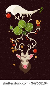 Christmas deer.Hand Drawn Vector Illustration. Deer antlers snow and hanging Christmas decorations.All the seasons are on the horns of a deer