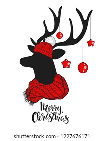 Christmas deer.Lettering,typography.Vector illustration.