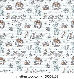 Christmas deers and Advent wreath Vector Seamless pattern. Holiday winter wallpaper. Merry Christmas and New Year background. 