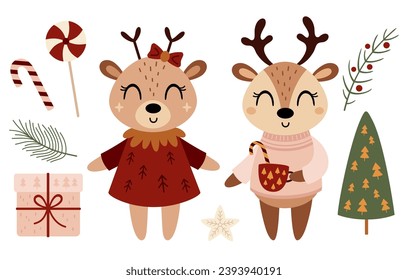 Los lectores de Navidad aparecen en dibujos animados de estilo plano. Feliz Navidad. Pintura de clip de ciervo de invierno. Ilustración vectorial	
