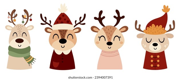 Christmas deers clipart in cartoon flat style. Merry Christmas clipart. Cute winter deer clip art. Vector illustration	
