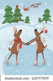 Christmas  deers dancing on skates on the ice in the winter forest. Xmas party greeting card, invitation or poster. Vector illustration.