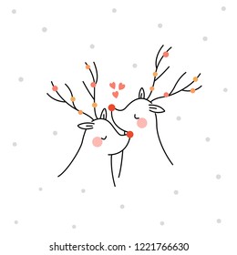 Christmas deers hugging.Winter symbol. Christmas and New Year design element.Christmas winter holiday design element for posters, cards, banners in flat style. Vector illustration in a cartoon style.