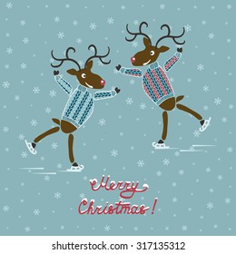 Christmas deers on skates. vector illustration - eps 8