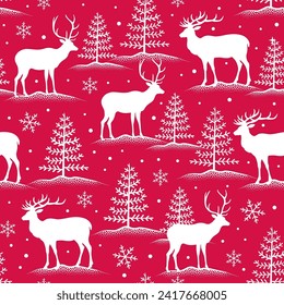 Christmas Deers and Pine Trees with Snowflakes Seamless Pattern-Christmas Red Background Vector Illustration