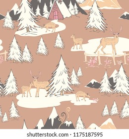 Christmas Deers and Tree Winter Pattern Vector Design