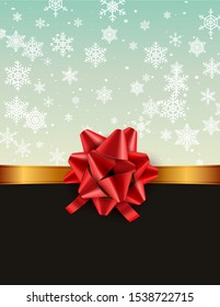 Christmas defocused bokeh background with red bow. Gift card holiday celebration invitation xmas.