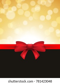 Christmas defocused bokeh background with red bow. Gift card holiday celebration invitation xmas.