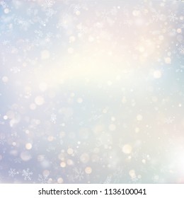 Christmas defocused snow light holiday glowing winter background with blinking blurred snowflakes. Holiday glowing backdrop. EPS 10