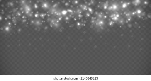 Christmas defocused sparks dust. Abstract light shine blur bokeh effect on white transparent background. Vector lens flare spot light sparkles or shiny glittering glow beams. Random blurry spots. 